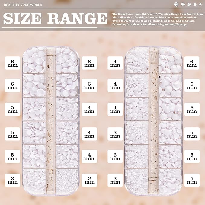 Resin Rhinestones for Crafting, 2/3/4/5/6mm Flatback Jelly Rhinestones, 2 Box White Non Hotfix Crystal Gems for Bedazzling Crafts Mugs Tumblers Clothes Makeup Nail