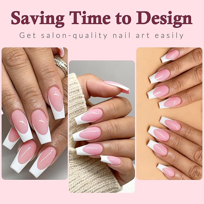 240PC White French Tip Press on Nails Medium Fake Nails Press ons with 5*Adhesive Tabs, Pink Coffin Acrylic Nail Press on Nail French Tip Nails False Artificial Fingernails Stick on Nails-A