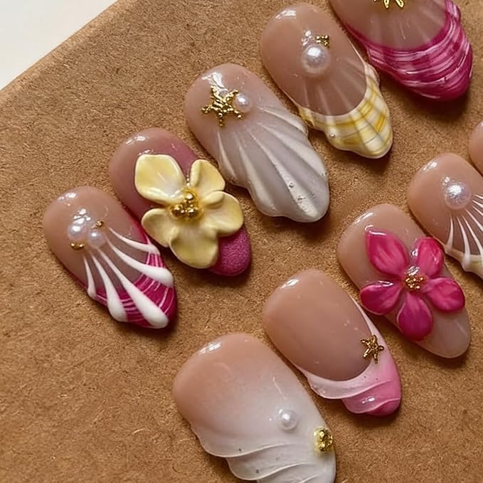 Luxury Press on Nails Medium Almond Handmade 3D Unique Reusable ABS Material Fake Nails French Tip False Nails with Designs Pink Floral Pearls Summer Glossy Glue on Nail Thick Acrylic Nail(M)
