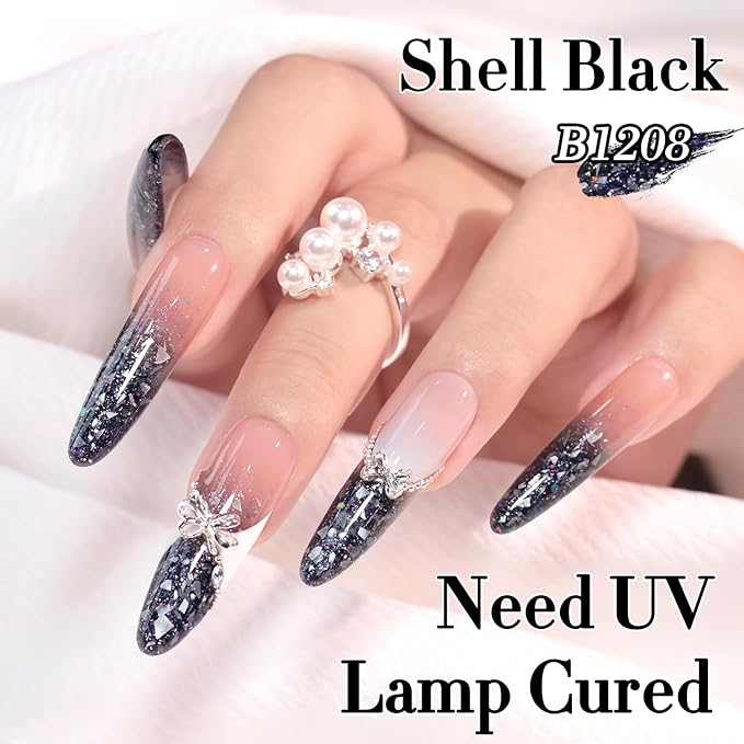 Double Rhythm 0.5Oz Glitter Gel Polish Same Color Same Bollte Shimmer Reflective Color for Nail Art Salon DIY Soak Off 15ml Nail Lamp Gel Polish at Home (Shell Black-B1208)