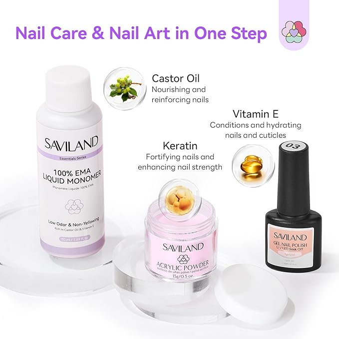 SAVILAND Essentials All-In-1 Acrylic Nail Kit with Drill: Nourishing Nail Kit for Beginners with Everything Clear White Pink Acrylic Powder Liquid Set 88W Nail Lamp Gel Nail Polish For Home DIY