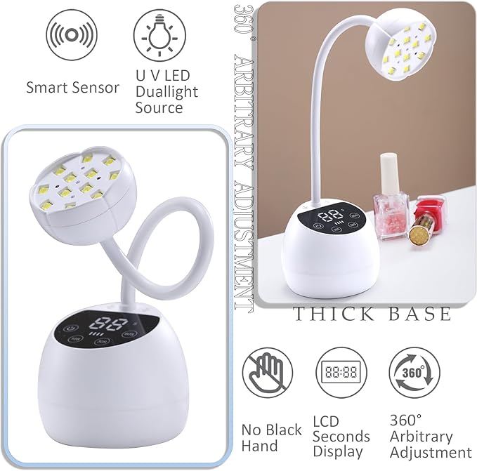 Mini U V LED Nail Lamp with 3 Timers and LCD Display,36W Cordless Flash Cure Gel x Nail Lamp, Auto Sensor Gooseneck Portable USB Gel Nail Dryer U V Light for Home DIY, Pearl White, ML-10003