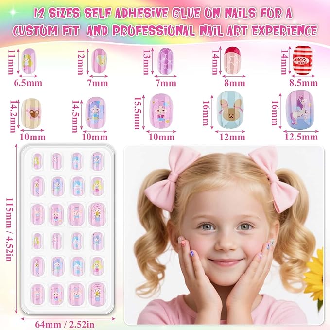 144 Pcs Press on Nails for Girls, Stick On Nails for Kids Short Acrylic Fake Nails Cute Nails Art Stuff for Little Girl 8-10