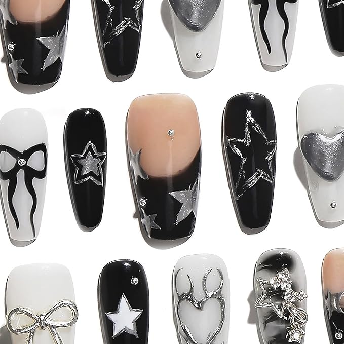 Sun&Beam Nails Handmade Press-on Medium Coffin Ballerina Black Silver White Grey French Star Rhinestone Design Fashion False Nail Tips 10 Pcs Set (#178 L)