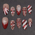 Christmas Press on Nails Medium Almond French Tip Fake Nails with 3d Bow Rhinestones Designs Winter Snowflake Glue on Nails Xmas Tree Full Cover Artificial Acrylic Nail for Women Nail Supplies 30pcs