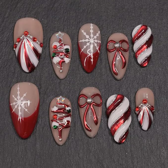 Christmas Press on Nails Medium Almond French Tip Fake Nails with 3d Bow Rhinestones Designs Winter Snowflake Glue on Nails Xmas Tree Full Cover Artificial Acrylic Nail for Women Nail Supplies 30pcs