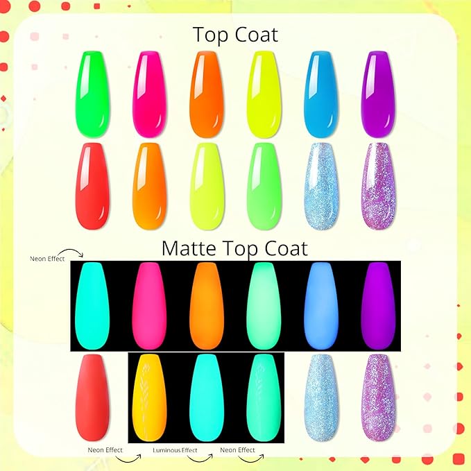 UR SUGAR 12 Colors Neon Glow in The Dark Poly Extension Gel Nail Polish Set, Hot Pink Neon Green Yellow Orange Bright Colors Glow in The Dark Poly Nail Gel Kit Long Lasting Soak Off Gel Polish Gift B