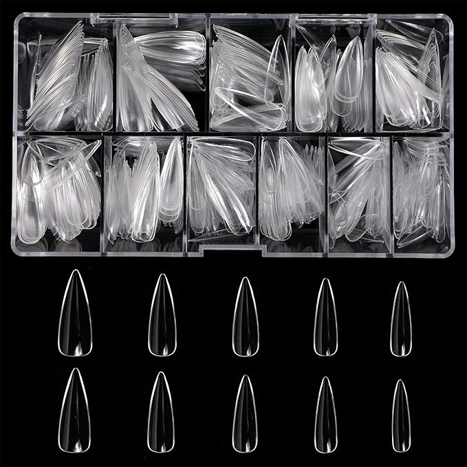 Press On Nails Set with 500pcs Long Stiletto Nail Tips Clear Full Cover 5pcs Nail Glues 1pcs Nail File with Case False Nail Fork Nail Kit Acrylic Nail Kit
