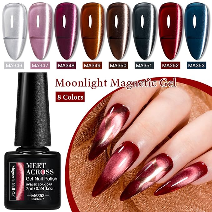 MEET ACROSS Magnetic Cat Eye Gel Polish, Cat Eye Gel Nail Polish, Long-Lasting, Multi-Color Shift, UV/LED Soak Off Varnish for Home Salon Manicures Nail Art
