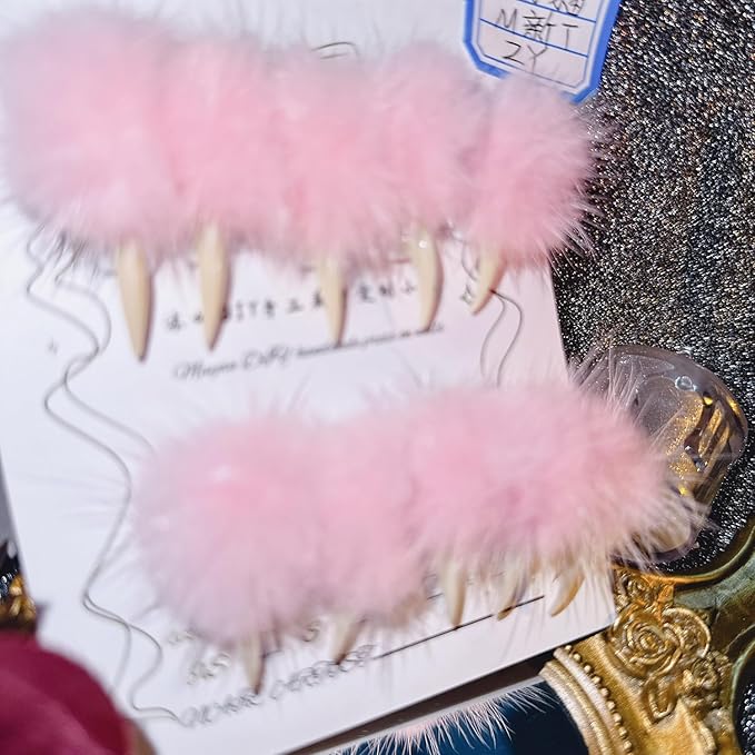 10 Pcs Luxury Press on Nails Medium Curved Stiletto Handmade Cat Claw Reusable Nails Press Ons Unique with Pink Furry Fur Designs Cat Claw Fake Nails Glossy Thick Acrylic Glue on Nail (S)