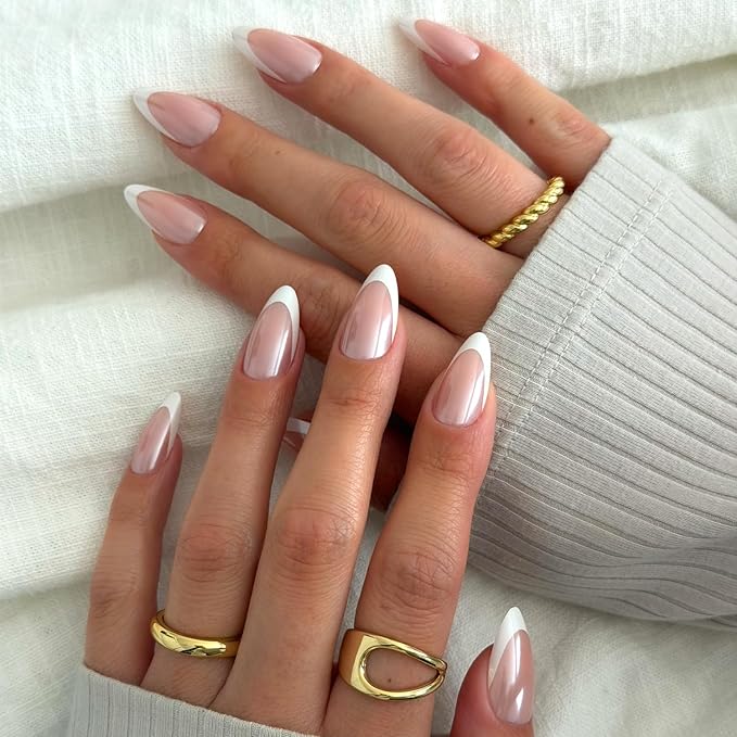 Glamnetic Press On Nails - Mother Pearl | Medium Almond White French Tip Fake Nails, Salon Quality French Manicure | 15 Sizes - 30 Nail Kit with Glue