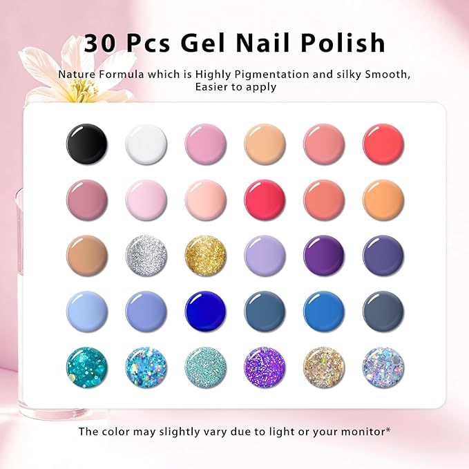 MEET ACROSS 30pcs Gel Nail Polish Set, 30 Colors Gel Polish All Seasons Nude Pink Blue Glitter Gold Silver Black White Nails Art Kit DIY Salon at Home