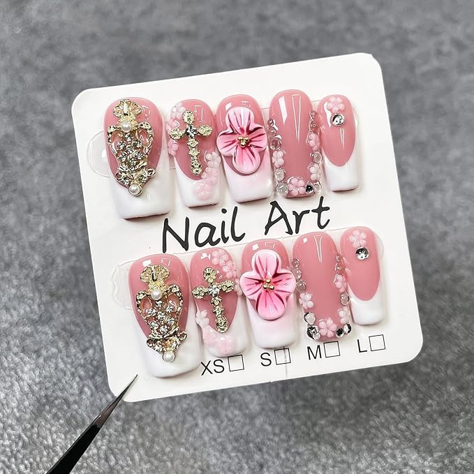 Flower Press on Nails Medium Fake Nails White French Tip Luxury False Nail with 3D Golden Rhinestone Design Gradient Floral Stick on Nails Muti-Layer Gel Artificial Acrylic Nail for Women (Size S)
