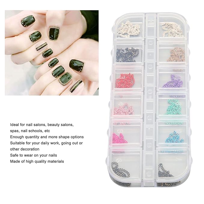 3D Mix Nail Chains, 3D Colorful Nail Charms, 24 Strips Nail Jewelry Metal Punk Nail Chains With Case, Nail Chain Decorations for Nail Art Chains DIY Design
