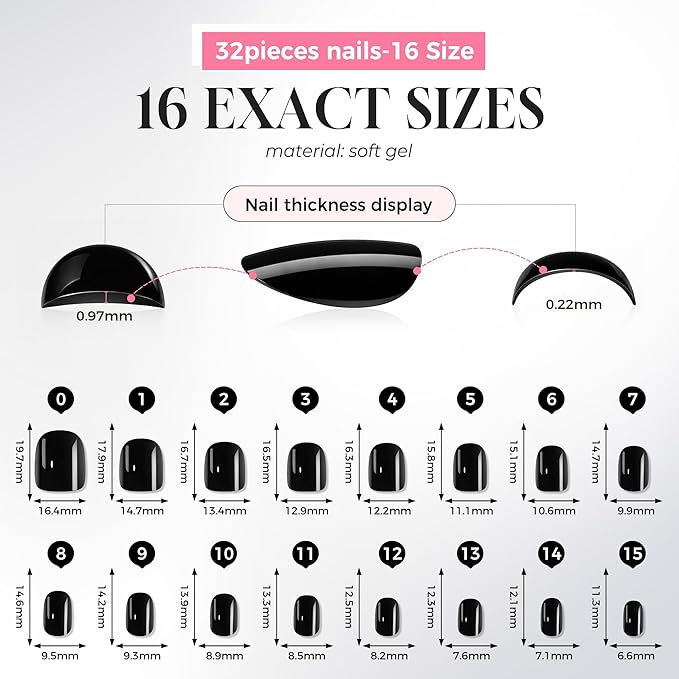 UNA GELLA Soft Gel Press on Nails - 32Pcs 15 Sizes Short Round Black Fake Nails, Glossy Reusable Glue on Nails for Women, Durable Artificial Nails Kit for DIY Manicure