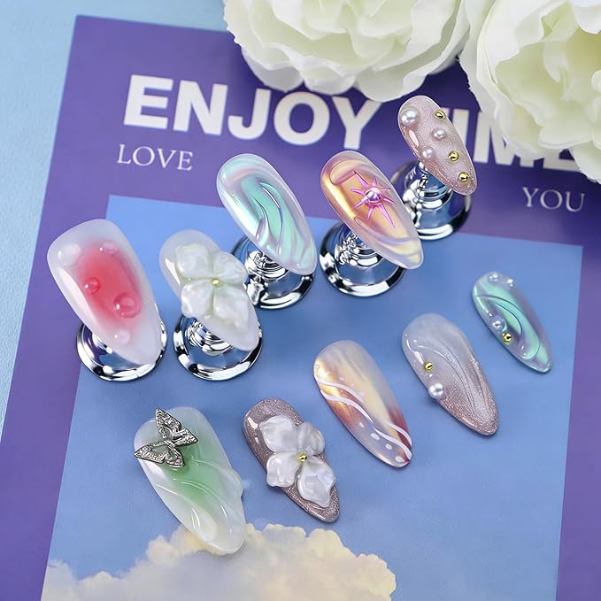 3D Floral Press on Nails Medium Almond Fake Nails Pure Handcrafted Nail Aurora Ombre Nail Press ons with Butterfly Design Stick on Nail for Women Spring Manicure(M)