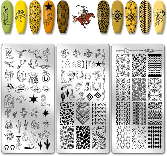 PH PandaHall 3pcs Wild West Nail Stamping Plates, 88 Patterns Western-Theme Nail Art Templates Hat Boots Nail Art Stencil Stainless Steel Nail Image Plates for Women Nail Design Print Manicure Salon