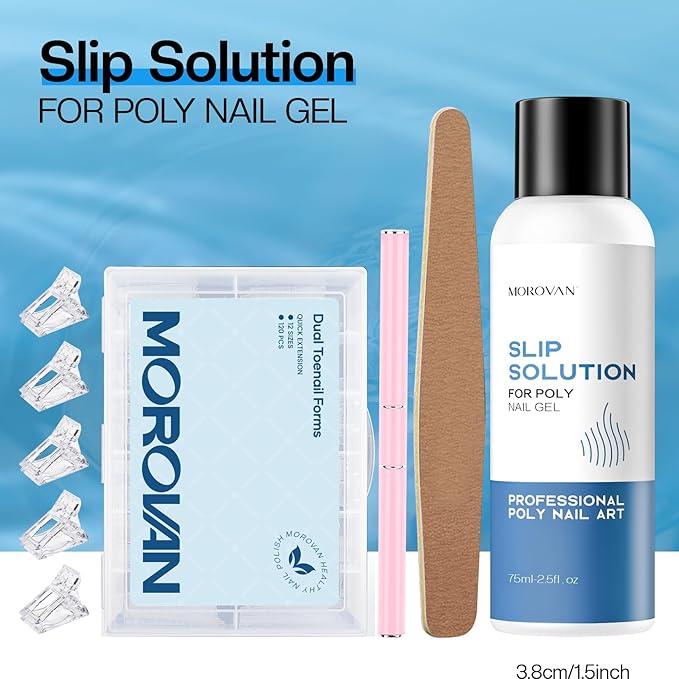 Morovan Nail Polygel Slip Solution: Salon-Grade Slip Liquid & Dual Toenail Forms for Beginner-Friendly Gel Nail Extension & Anti-Stick Application