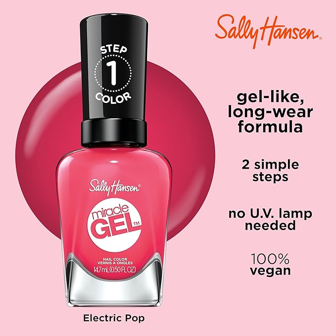 Sally Hansen Miracle Gel Salon Quality Nail Polish | Gel-Like Formula, Two-Step System, No UV Light Needed, Long Lasting | Opaque, Glossy | 339 Electric Pop | Hot Pink Nail Color