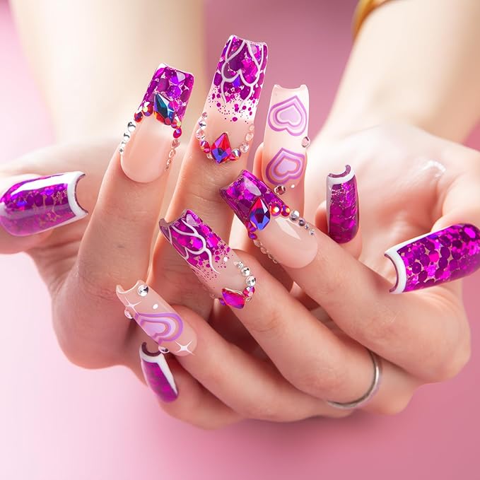 LOVFUL Valentine's Press on Nails Violet Riot | Handmade Acrylic Press ons | Reusable Fake Nails | Square Classic Regular 1.3 in | H734-S
