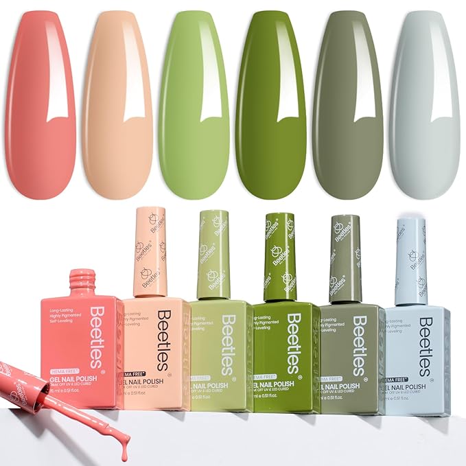 Beetles Spring Gel Polish Set - 6 Colors Hema Free 15ml Green Nude Pink Gel Polish Kit Soak Off Uv LED Nail Lamp DIY Home Manicure Salon Lakeside Serenity Gift for Women Girls st patricks