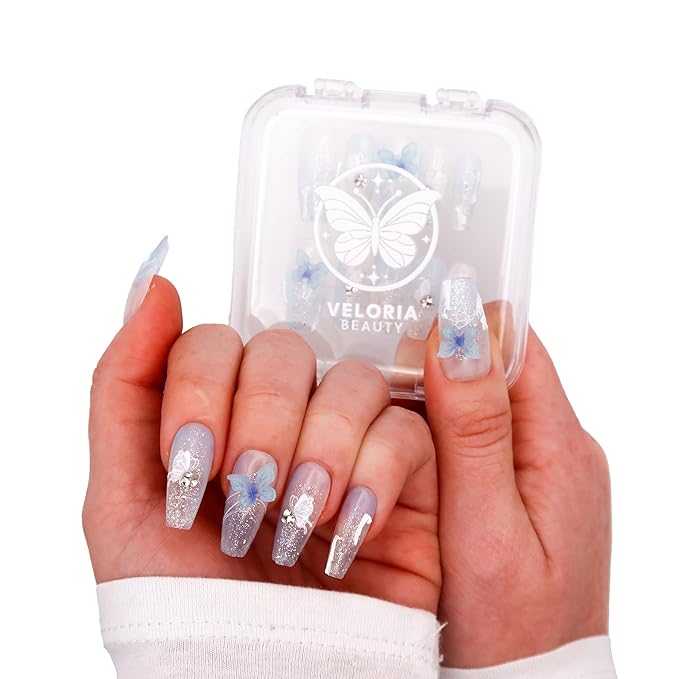 3D Handmade Press On Nails, Long Coffin Shaped w/Rhinestones & Blue Butterfly Charms, Acrylic, Gel, Reuseable Kit, For Women Daily Wear or Special Occasion (Azure Butterfly Elegance)