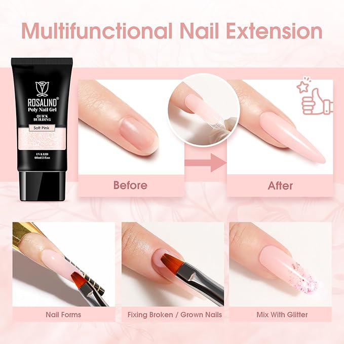 ROSALIND Soft Pink Poly Nail Gel, 2 oz Poly Extension Gel for Nail Art, Nail Thickening Extension Easy to DIY, Pink Nails Enhancement Need UV Lamp(Update Version