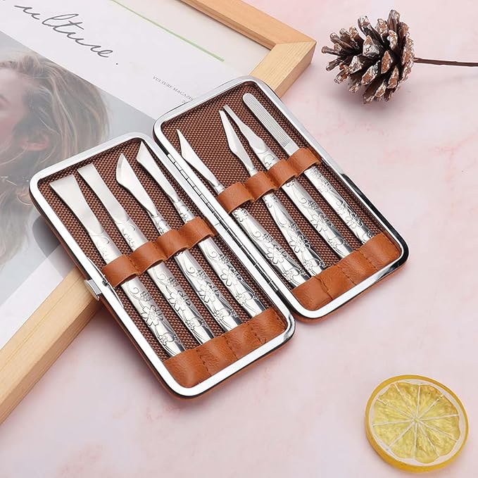 8Pcs Ingrown Toenail Removal Kit, Stainless Steel Pedicure Kit, Pedicure Knife Dead Skin Removal, Ingrown Toenail Treatment Tool Set with A PU Leather Box