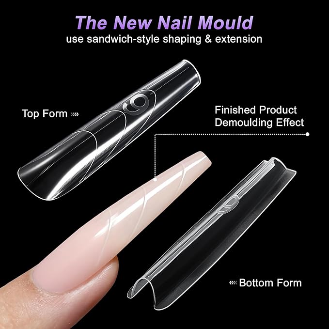 VOCOSTE 240pcs Sandwich Dual Nail Forms, Long Coffin Nail Art Tools for Quick Nail Extension, 15 Sizes Plastic Reusable Form, Long Nails DIY Salon & Bride Party Manicure Kits
