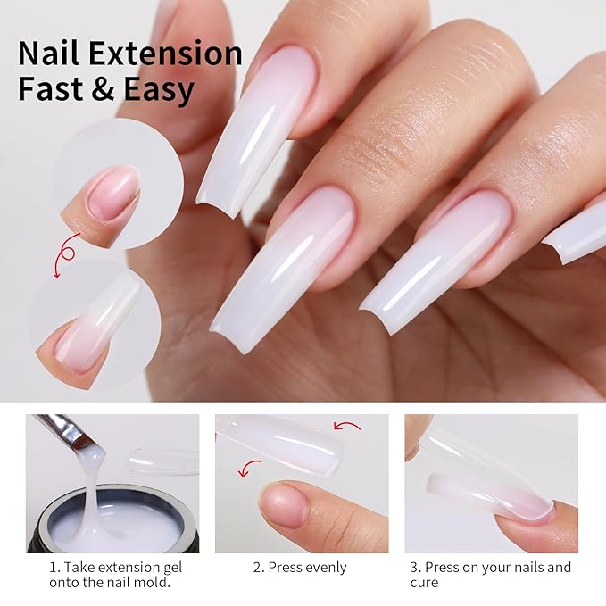 Milky White Builder Gel Set, 1.94Fl,oz Extension Hard U V Builder 3 in 1 Nail Gel With Clear Nail Tips Model and Brush