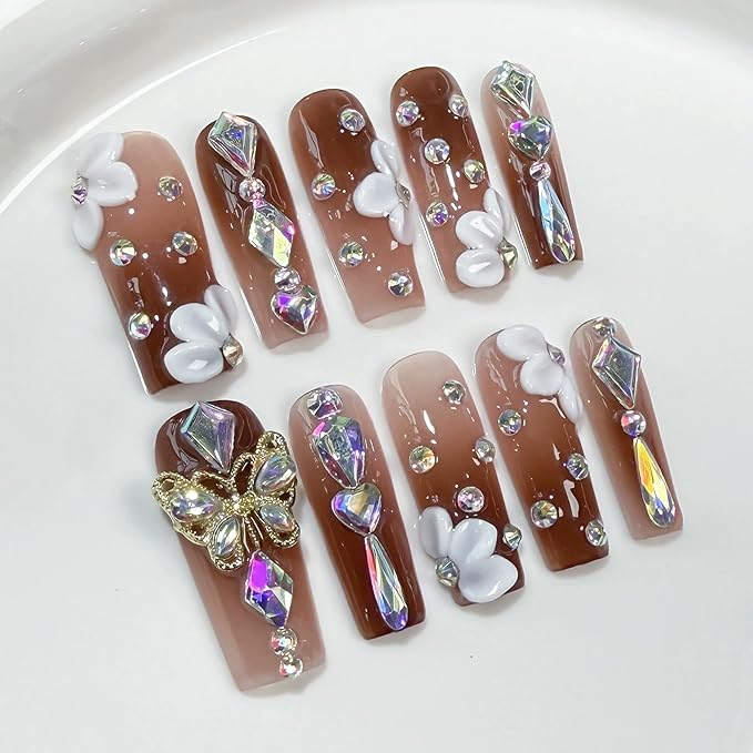 Long Press on Nails Handmade Nails Square Luxury Reusable Fake Nails with Glue 3D Flower Butterfly Design Acrylic Nail Sparkly Full Cover Stick on Nail for Women Manicure 10Pcs(Size M）