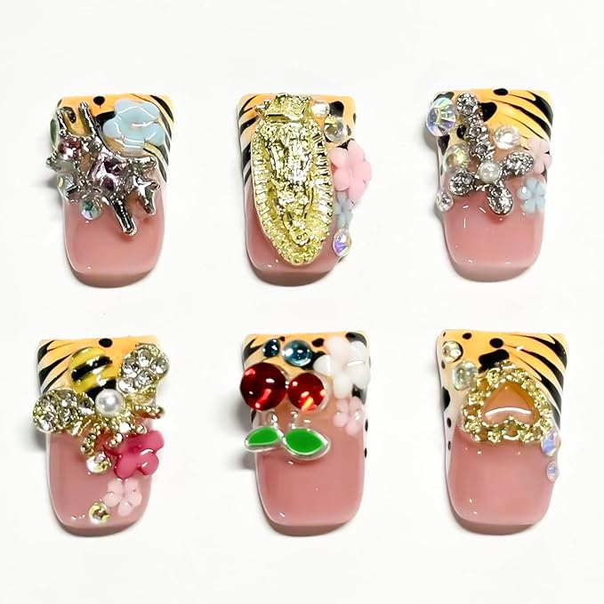 10 Pcs Duck Press on Nails Medium Handmade Fake Nails French Tip with 3D Flower Butterfly Cherry Design Leopard Print False Nails Glossy Acrylic Artificial Full Cover Stick on Nail for Women（M）