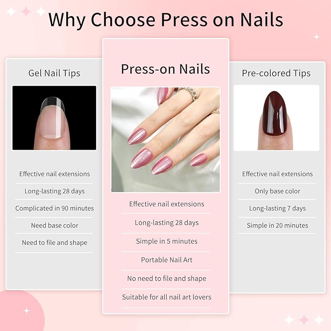 Pink Almond Cat Eyes Press On Nails,12 Sizes - 24 Pcs Soft Gel Pink Medium Fake Nails Kit with Nail Glue, Natural Reusable Stick On False Nails for Women and Girls SK1028