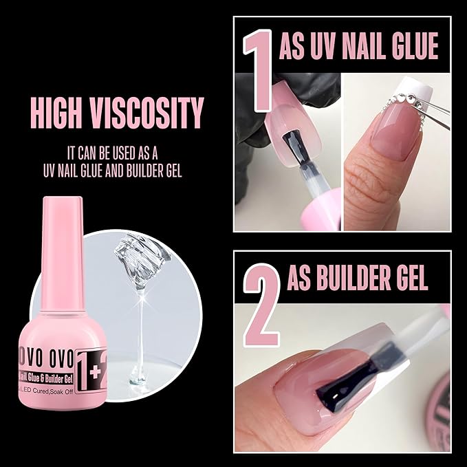 UV Nail Glue and Builder Gel 2 in 1, No Wipe Top Coat Kit for Predesigned French Tip Nail Tips, NOVO OVO Super Strong Adhesive for Press on Nails, 30+ Days Long Lasting, Salon Effect, Easy to Use