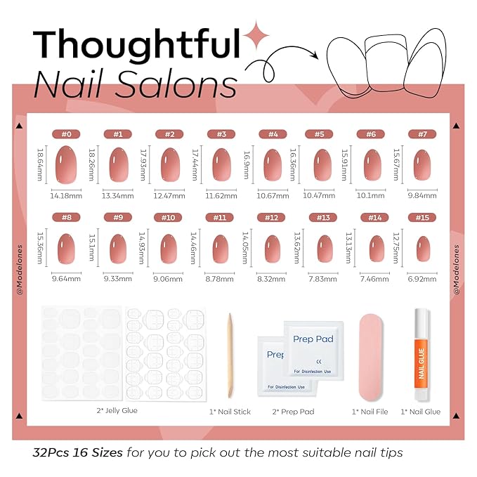 modelones Sheer Milk Tea Short Press on Nails, Semi-Transparent Oval Fake Nails Kit Press Ons with Nail Glue, Adhesive Tabs, Nail File, Prep Pad, Manicure Stick, 32Pcs 16 Sizes, Spring Women Girl Gift