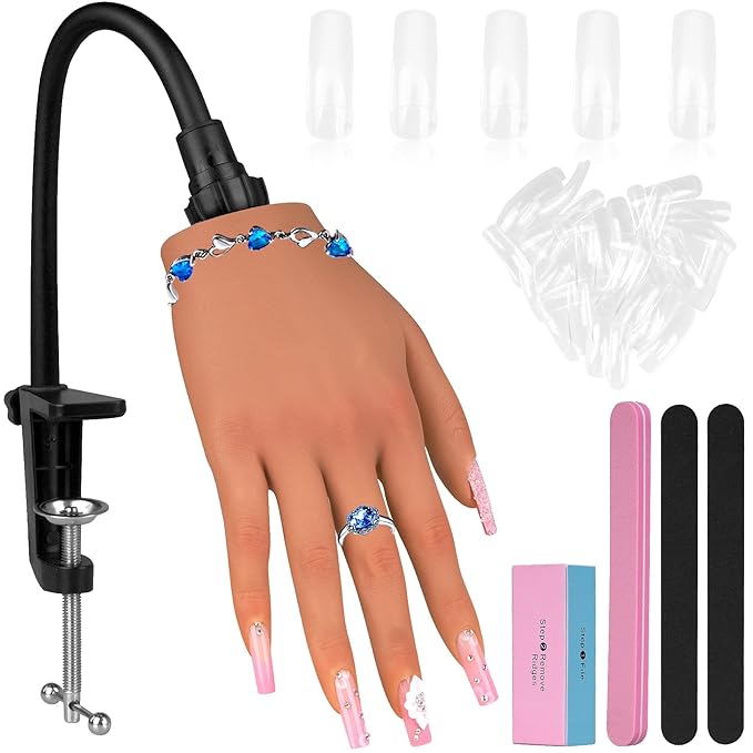 Practice Hand for Acrylic Nails,Silicone Nail Practice Hand with Stand Bracket,Flexible Bendable Nail Practice Fake Hand, Nail Training Hand Mannequin for Nail Art Display Beginners, Nail Tech