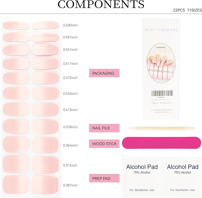 Semi Cured Gel Nail Strips White Pink Ombre Gel Nail Stickers with UV/LED Required Long Lasting Gel Nail Stickers for Spring Includes 22 Strips 2 Prep Pads, Nail File & Wooden Stick