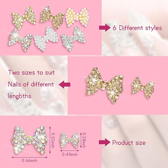Maitys 24 Pieces Nail Bows Charms Rhinestones 3D Charms Alloy Pearl Bow Knot Accessory for Valentine's Day Women DIY Xmas Salon Jewelry Craft(Assorted Colors)
