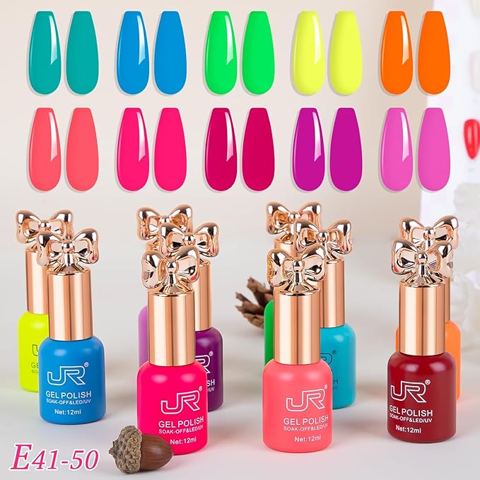JR Gel Nail Polish 10pcs 0.4oz Neon Gel Nail Polish Set Vibrant Neon Colors Nail Art Kit for Rave & Summer Festivals, Elegant Bow Bottle Design, Quick Dry & Chip-Resistant Gifts for Women E Model