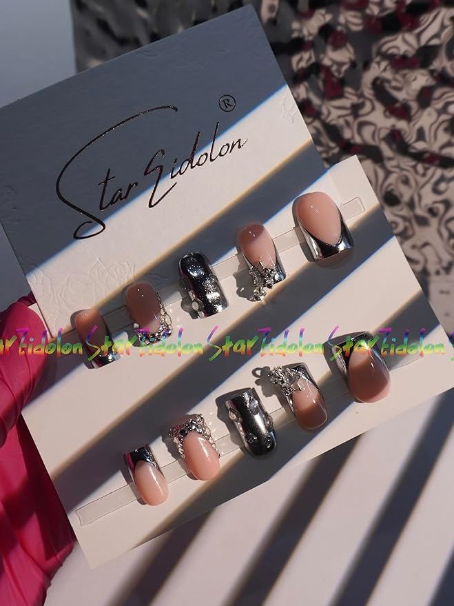 HAND-PAINTED White Press Ons Neon Small Press on Nails Long French Press on Nails Coffin Medium Short Nail art Fake Nail Art Kit with 7g Glue on Nails Handmade Almond Square Nails (Large, J9)