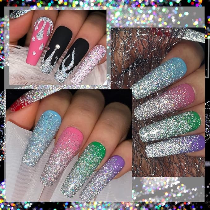 MIZHSE Glitter Gel Polish, Silver Sparkle Gel Nail Polish Diamond Disco Reflective Glitter Gel Polish Soak Off U V Nail Art Varnish Manicure Home DIY 10ml