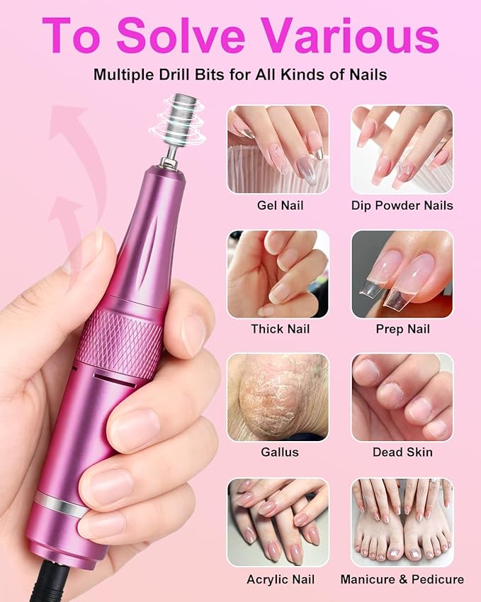 Professional Electric Nail Drill Kit 35000RPM with 14PCS Bits Purple Gold Portable Rechargeable Cordless File Machine for Acrylic Gel Powder Nails and Manicure Pedicure Toenail Tool Salon Set