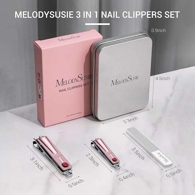 MelodySusie Nail Clippers Set, Ultra Sharp Toenail Clippers with Glass Nail File, 3 in 1 Stainless Steel Nail Clippers for Men Women, Fingernail Clipper Nail Cutter Manicure Set, Pink