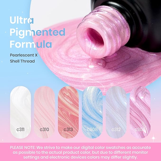 Beetles Pearl Gel Nail Polish Set - 6 Colors Pearl White Gel Nail Polish Mermaid Soak Off Uv Led Pink Blue Polish Swirl Thread Effect DIY Manicure Art Gift for Women