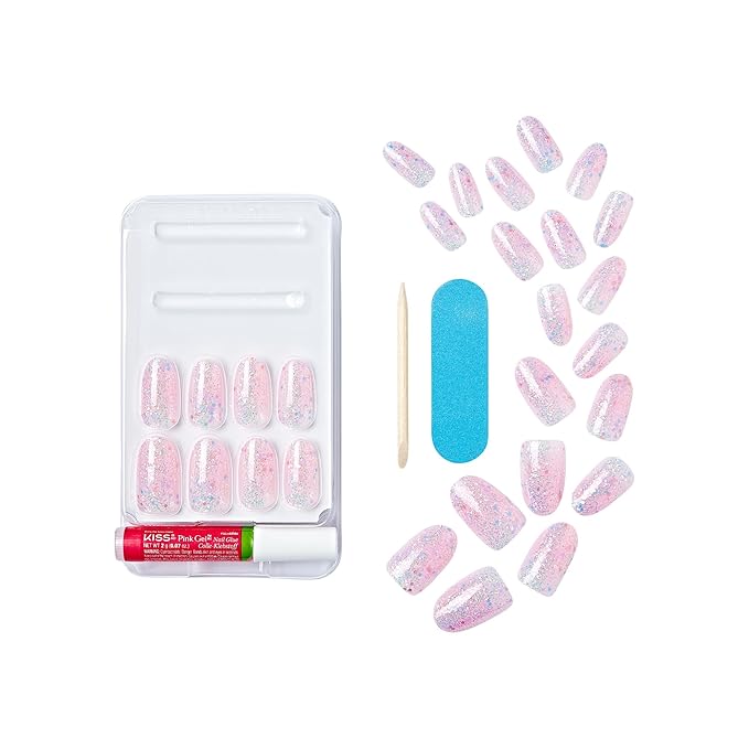 KISS Gel Fantasy, Press On Nails, Nail glue included, 'Diamonds 4 Me', Light Pink, Medium Size, Oval Shape, Includes 28 Nails, 2G Glue, 1 Manicure Stick, 1 Mini File