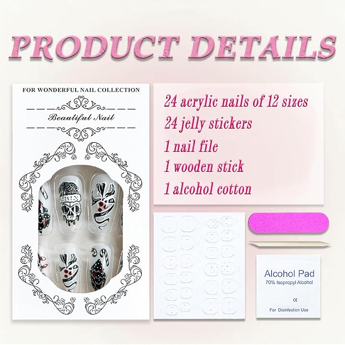Christmas Press on Nails Medium Almond MABKJLF Fake Nails False Nails with Snowflake Snowman Skull Stripes Designs Glossy Glue on Nail Winter Full Cover Acrylic Nails for Women Girls 24Pcs