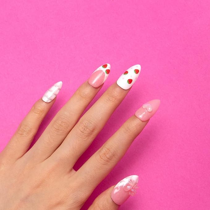 LOVFUL Press on Nails Strawberry Mousse | Handmade with Full Covered Crystals | Reusable Fake Nails | Almond Regular 1.0 in | H286-L