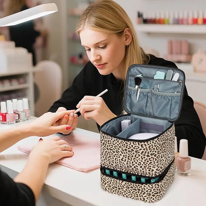 Nail Polish Organizer Aesthetic Nail Organizers and Storage, Bow Nail Supplies Kit Organizer Travel Carrying Case for Manicure Tools (Leopard A, 2 Layer)