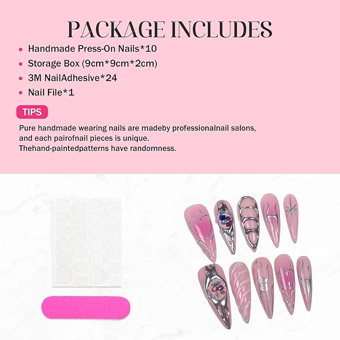 10Pcs Long Press on Nails Handmade Luxury Reusable Fake Nails Pink Almond Ombre False Nails with 3D Design Acrylic Gel Nails Full Cover Stick on Nail for Women (Size M)