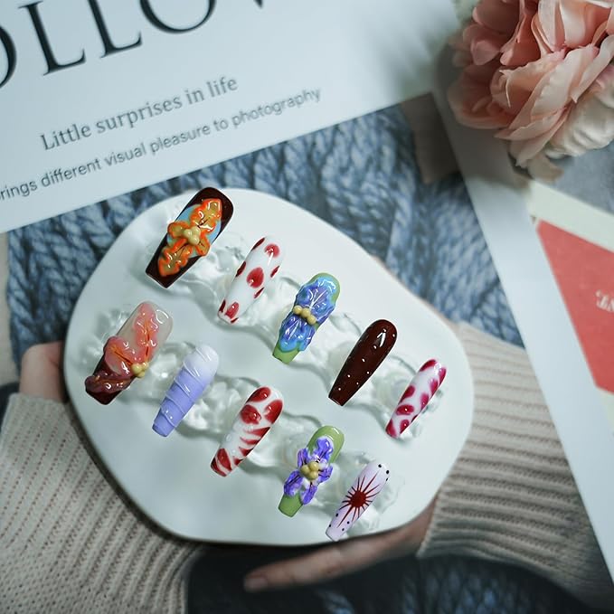 Long Coffin Press On Nails with 3D Floral Design - Summer Multicolor Thick Luxury False Nails Reusable Acrylic Nails (Summer Stories,M)